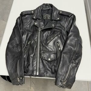 Vintage Black Leather Motorcycle Jacket Asymmetrical Zip Biker Moto Heavyweight